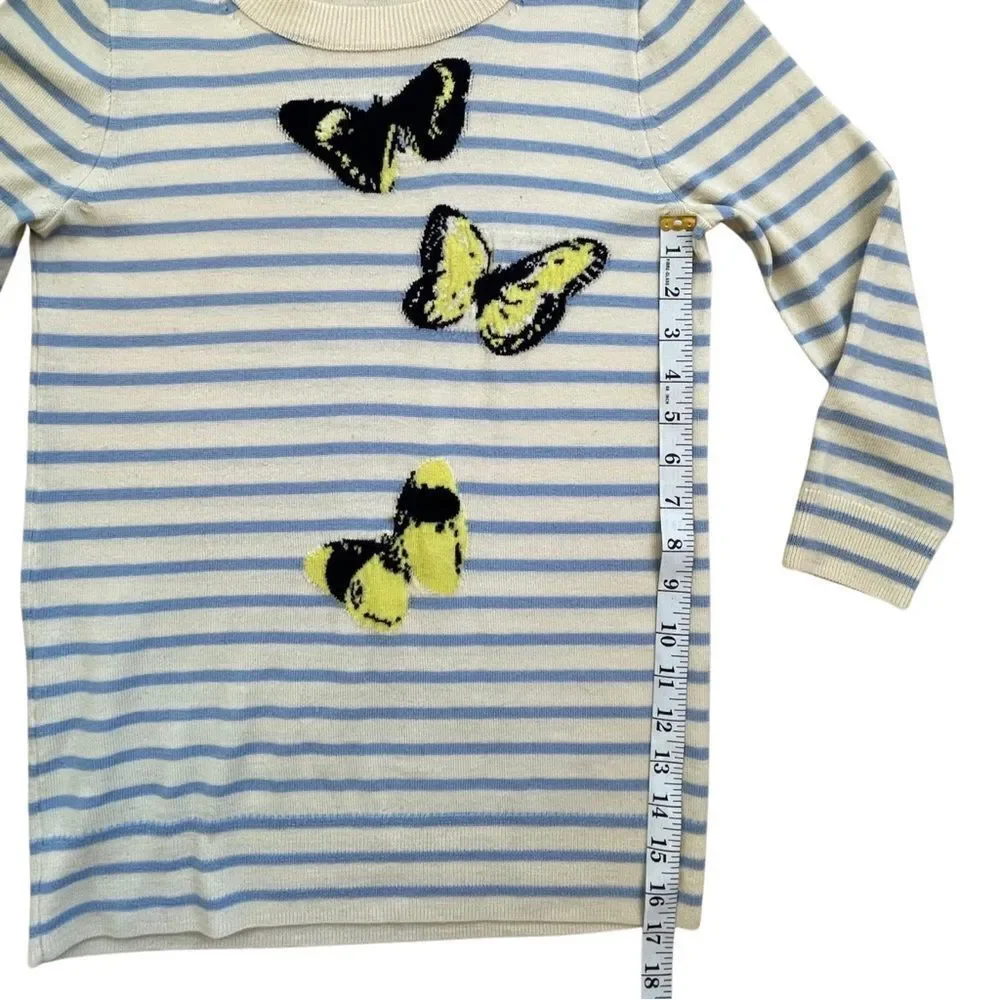 J.Crew Merino “Tippi” Wool Ivory Blue Crew Neck Striped Butterflies Sweater • XS